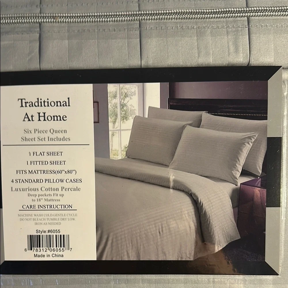 Traditional At Home Queen 6pc Sheet Set Platinum Gray Embossed Stripes